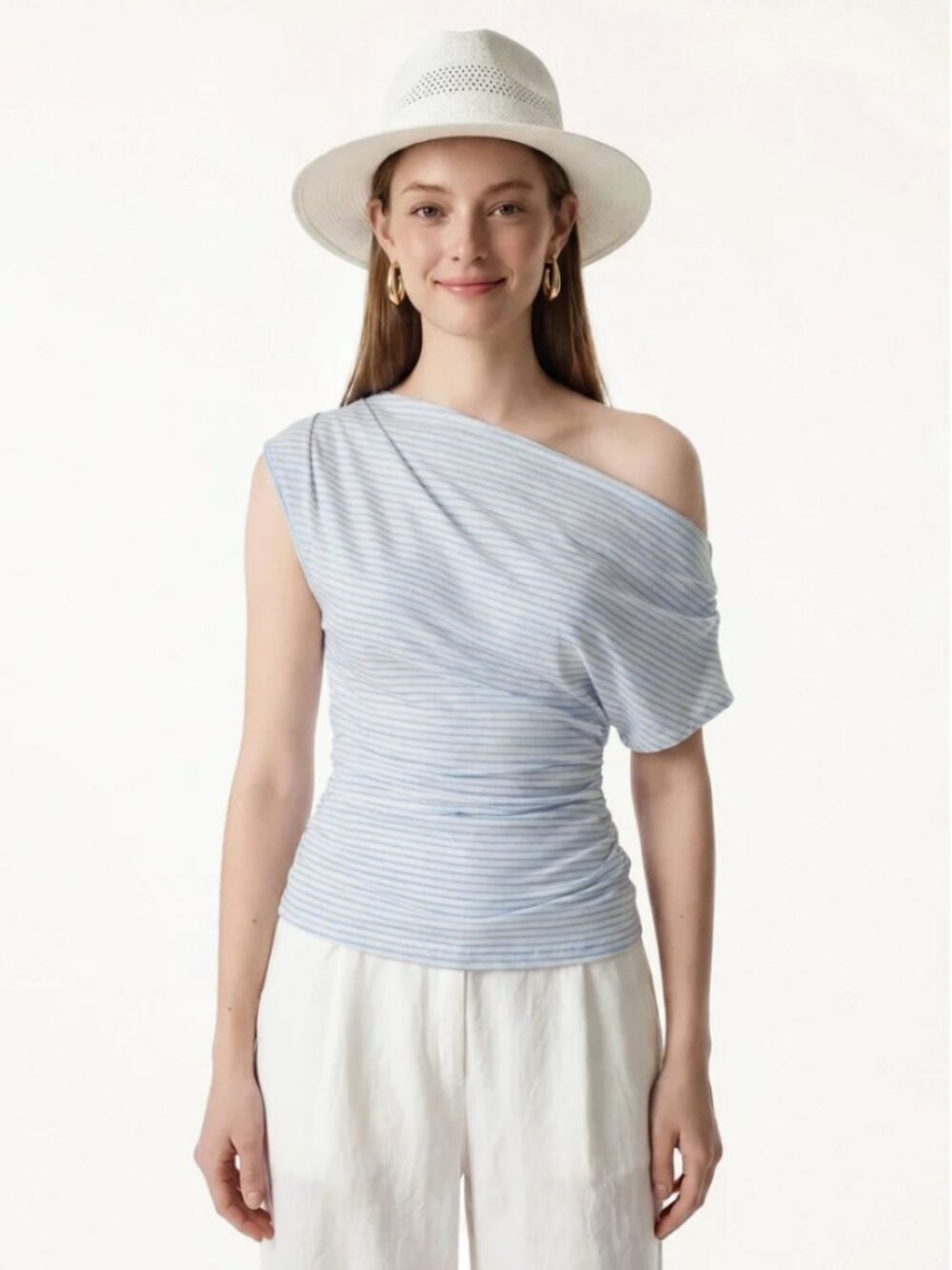 NWT OGL Striped Asymmetrical Neck Ruched Top White Light Blue XL